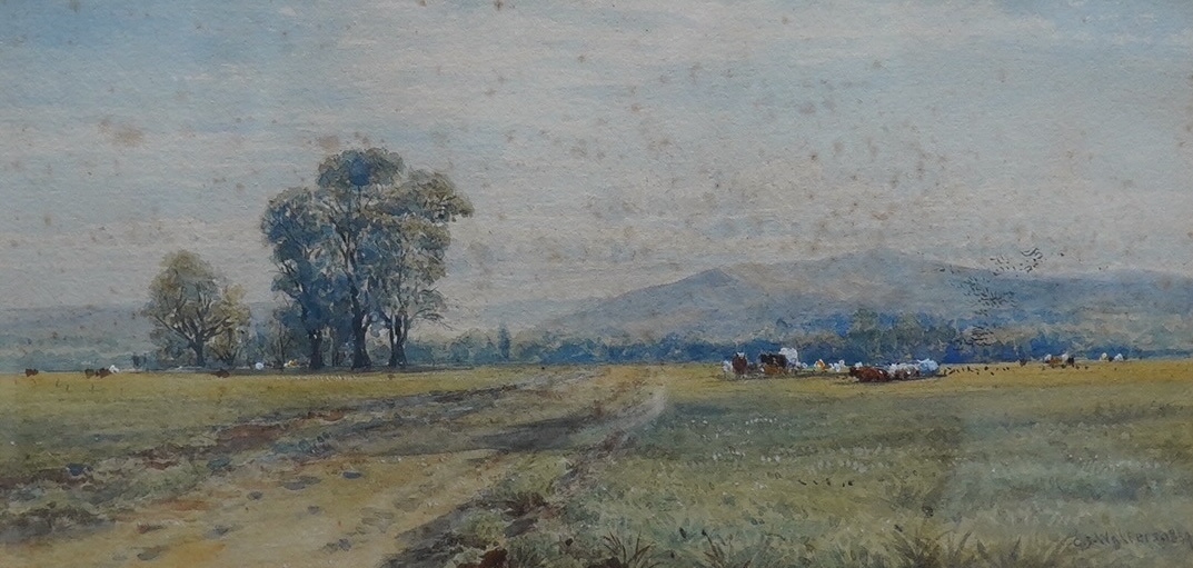 George Stanfield Walters SBA (1838-1924), watercolour, Landscape with cattle grazing, signed and dated 1869, 17 x 22cm. Condition - poor